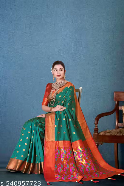 PAITHANI RICH PALLU SILK SAREE WITH BLOUSE(GREEN)
