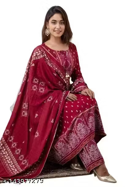 Women's Rayon Kurti With Dupatta And Bottom wear 3 Piece Set